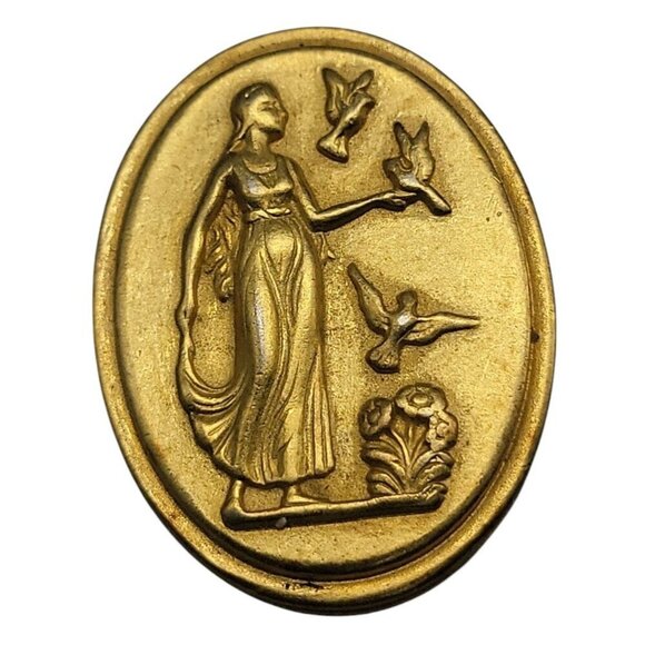 Helen of Troy Cameo Brooch Gold Plated Intaglio Signet Oval Greek Scene Vintage - Picture 1 of 8